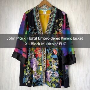 John Mark Floral Embroidered Kimono Jacket XL Black Multicolor